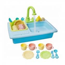 Žaislinė virtuvės kriauklė su indais ir bėgančiu vandeniu